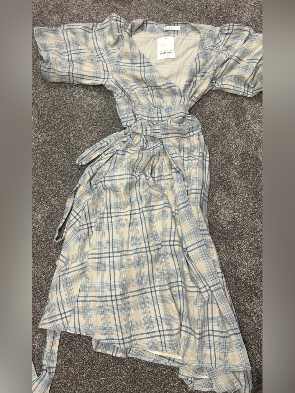 OAK + FORT Blue and Cream Plaid Wrap Button-Down Top